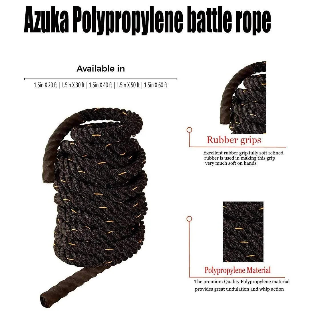 AZUKA® PP Battle Rope 1.5 inches X 50 Ft,Weight-9.5kg (Black & Yellow)   Anchor Wall Mount   Free Surprise Poster Inside