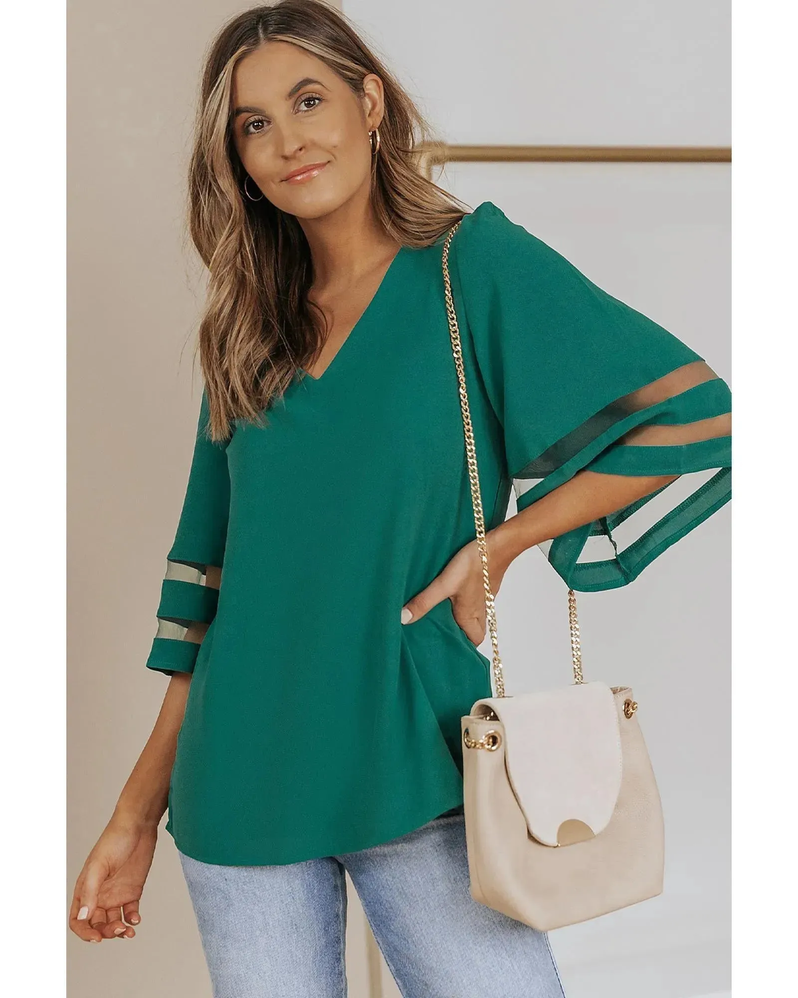 Azura Exchange Flare Sleeve V Neck Loose Blouse - L