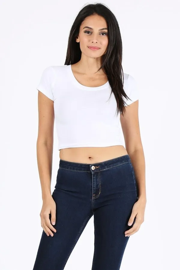 Basic Solid Short Sleeve Stretch Crop Top *Cropped Fit *Long sleeve available (313LCR) Model: 5'7" wearing size Small