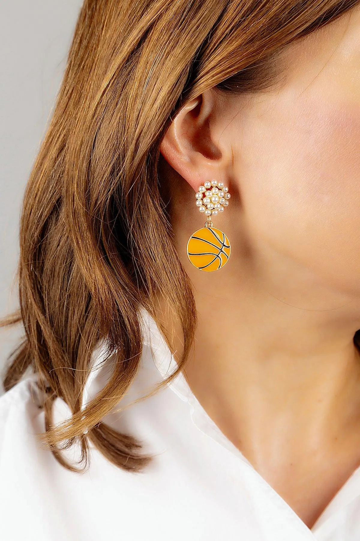 Basketball Pearl Cluster Enamel Drop Earrings in Orange