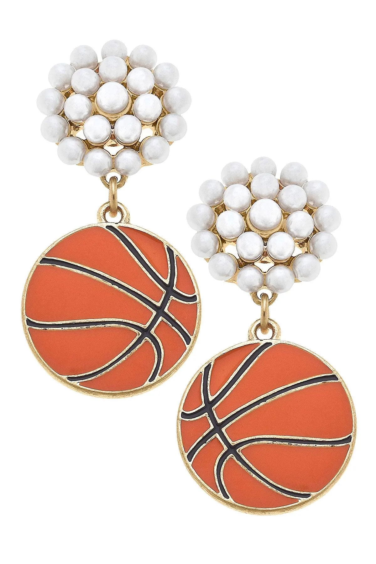 Basketball Pearl Cluster Enamel Drop Earrings in Orange