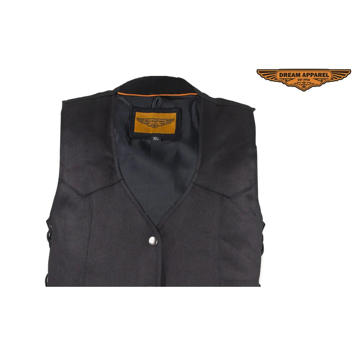 Black Denim Vest with Leather Side Laces