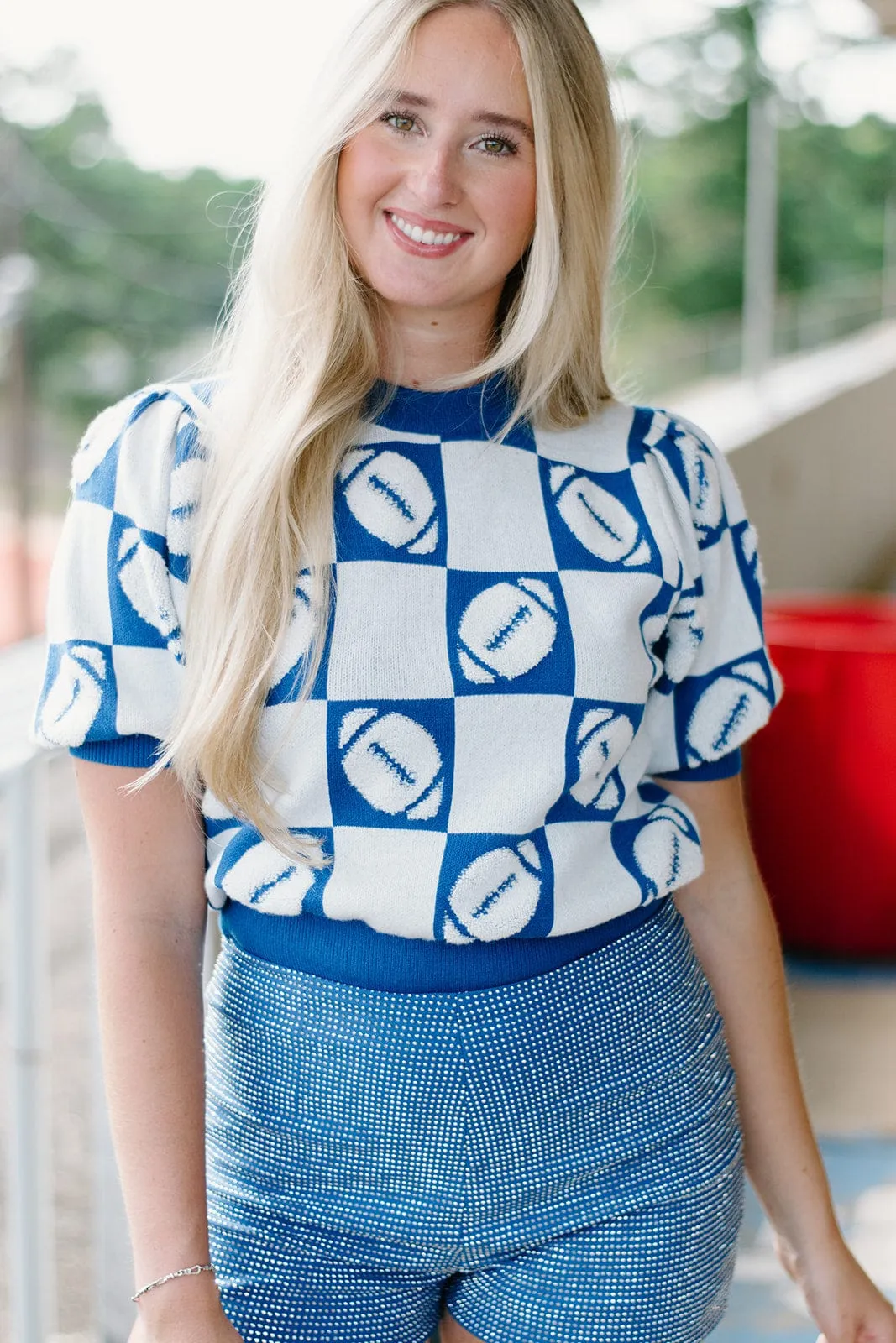 Blue Football Checker Knit Top