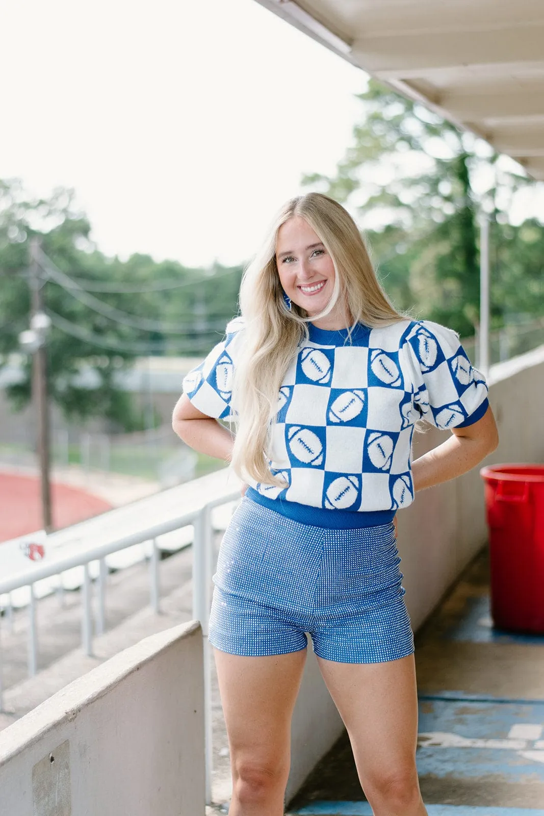 Blue Football Checker Knit Top