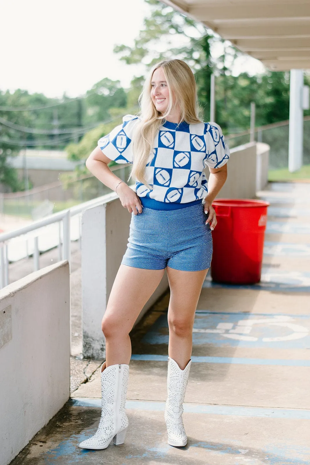 Blue Football Checker Knit Top