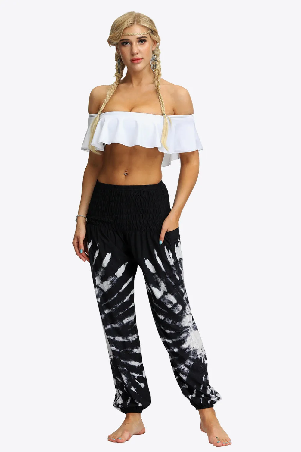 Boho Tie-Dye Smocked Waist Pocket Resort Yoga Joggers