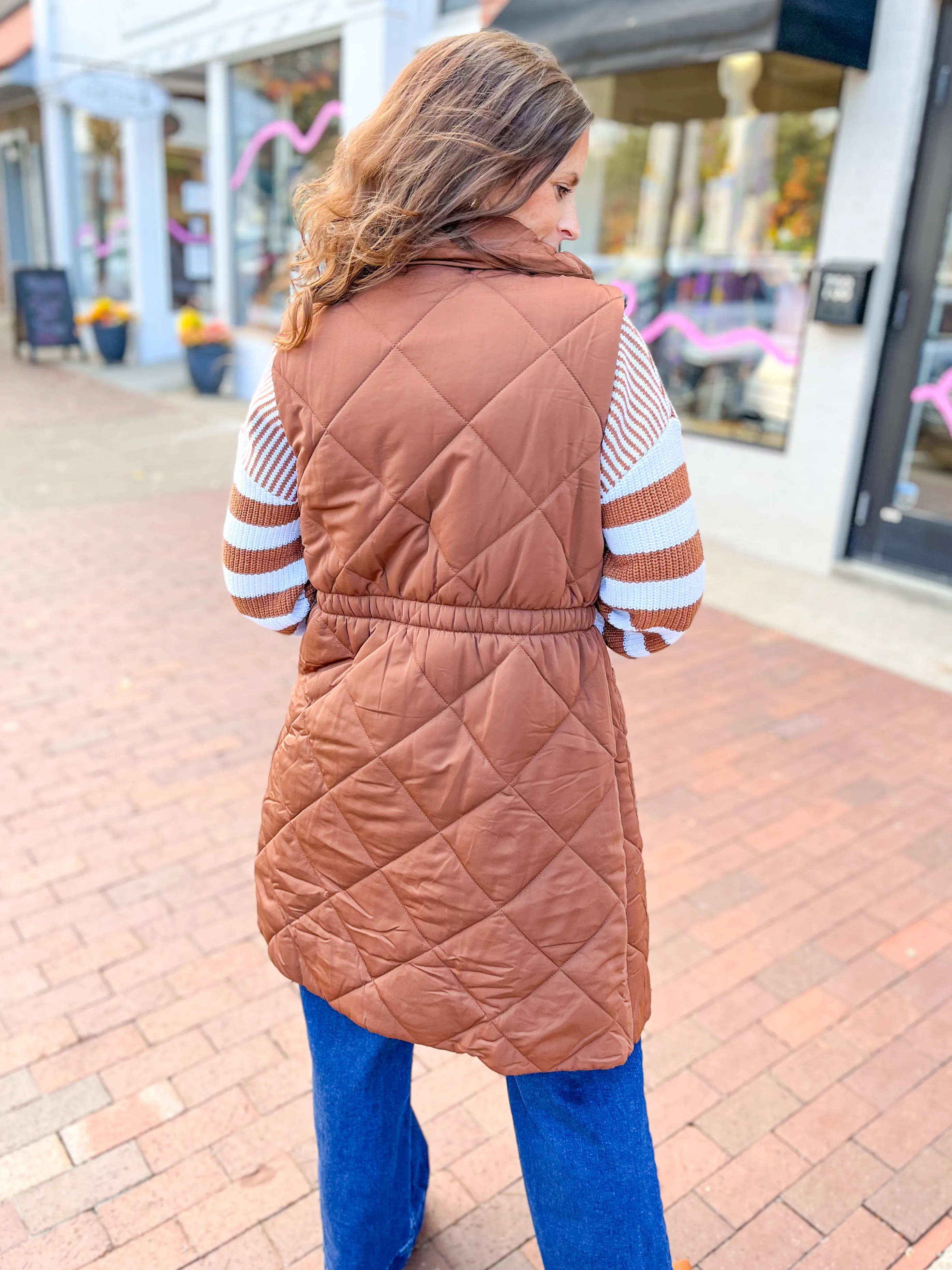 Brown Quilted Duster Puffer Vest