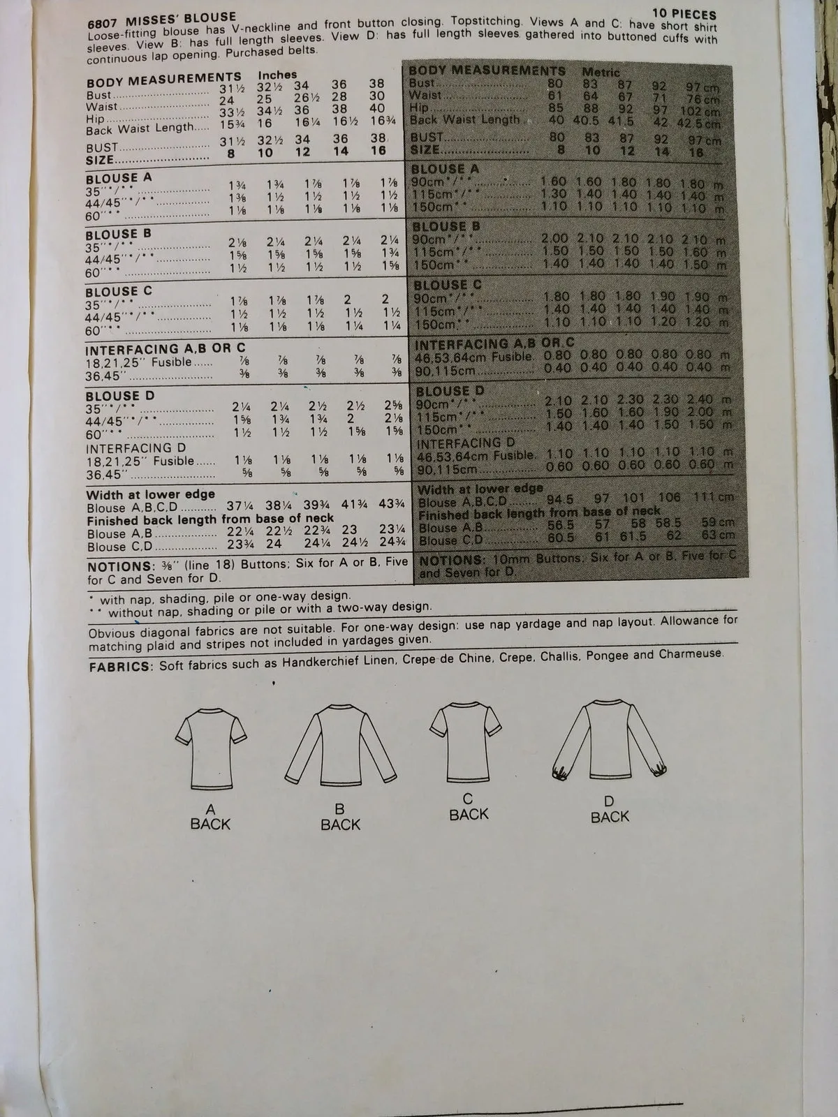 Butterick 6807 Women's Loose Fitting V-Neck Blouse Vintage 1970's