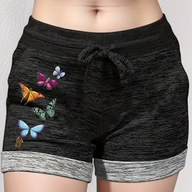 Chic Butterfly Print Drawstring Shorts for Spring  Summer Fashion