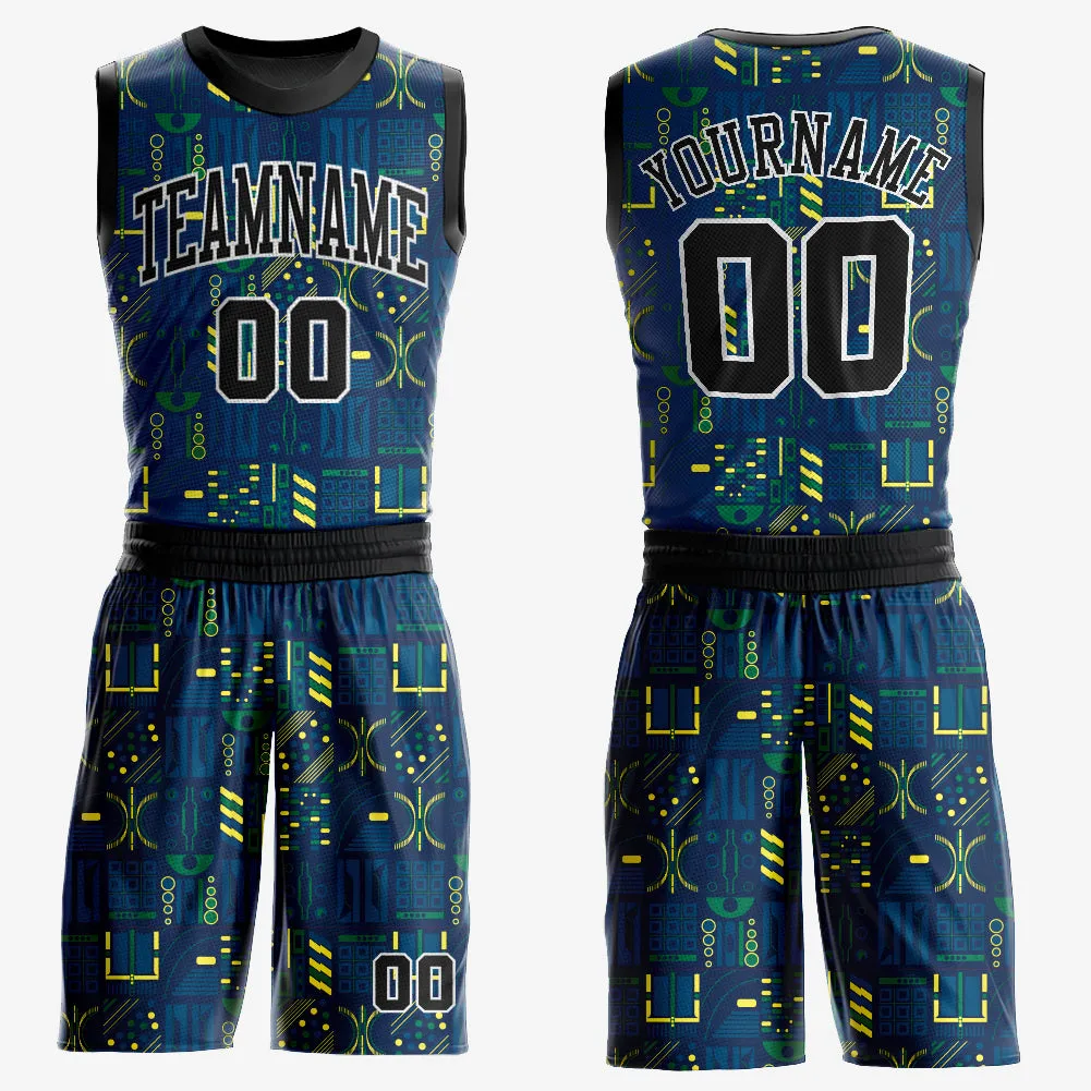 Custom Navy Black-Gold Round Neck Sublimation Basketball Suit Jersey