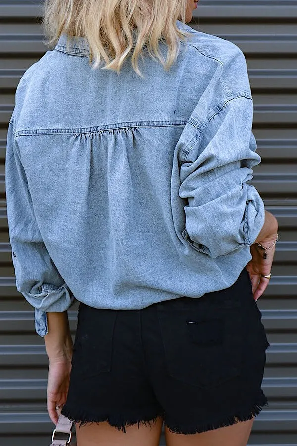 Denim Chambray Cropped Top - Navy- Dark Denim