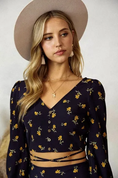 Endless Blu Satin Navy Floral Bell Sleeve Top