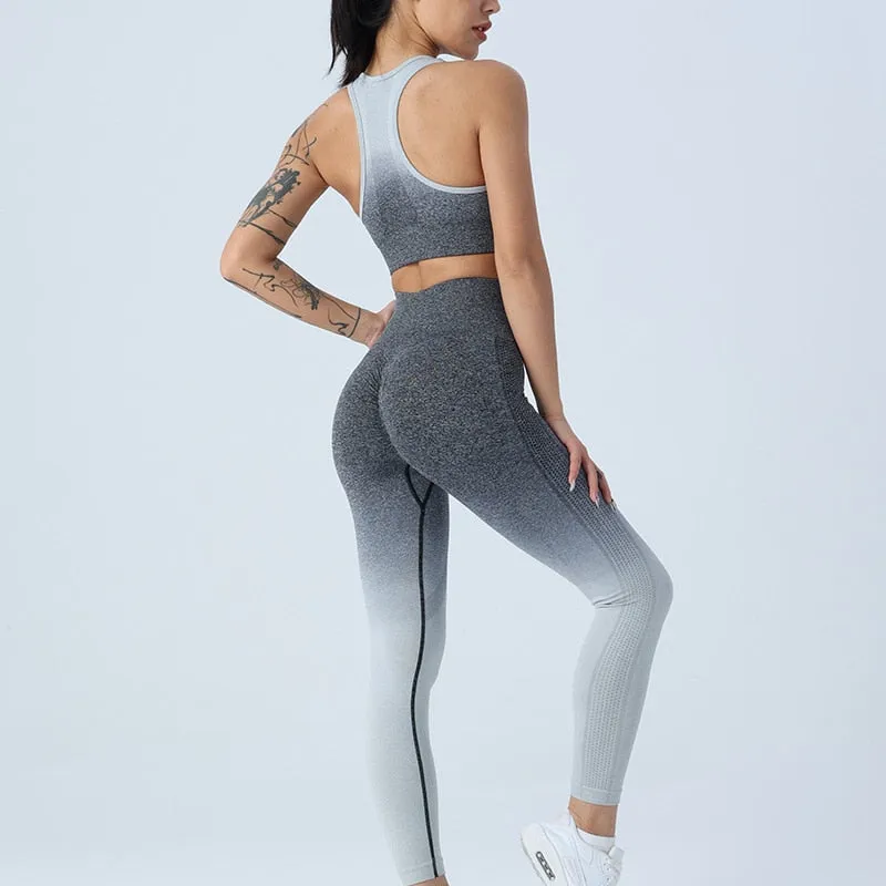 Gradient Color Yoga Sets High Waist Gym Fitness Bras Scrunch Butt Leggings Female Wear Running Clothing Tracksuit Sportswear