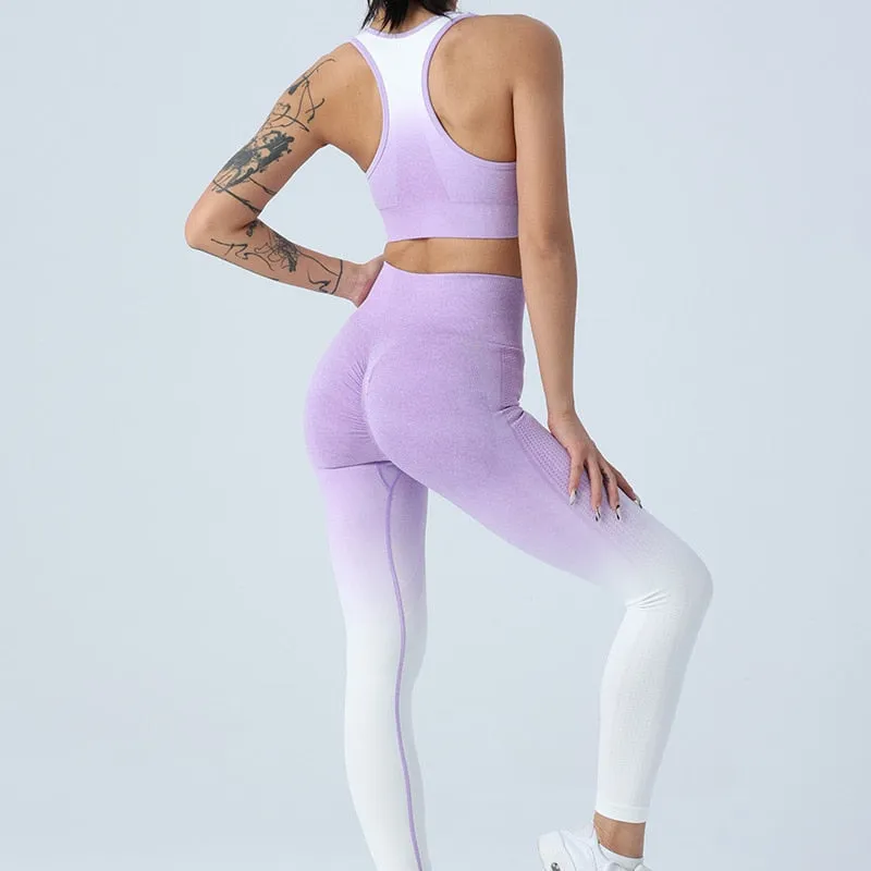 Gradient Color Yoga Sets High Waist Gym Fitness Bras Scrunch Butt Leggings Female Wear Running Clothing Tracksuit Sportswear