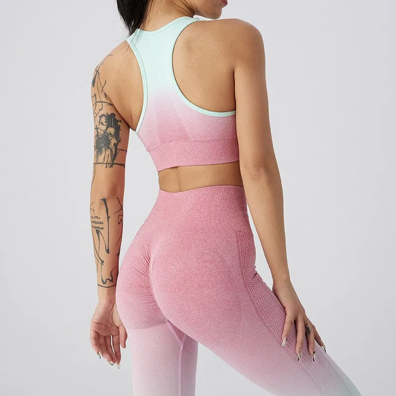 Gradient Color Yoga Sets High Waist Gym Fitness Bras Scrunch Butt Leggings Female Wear Running Clothing Tracksuit Sportswear