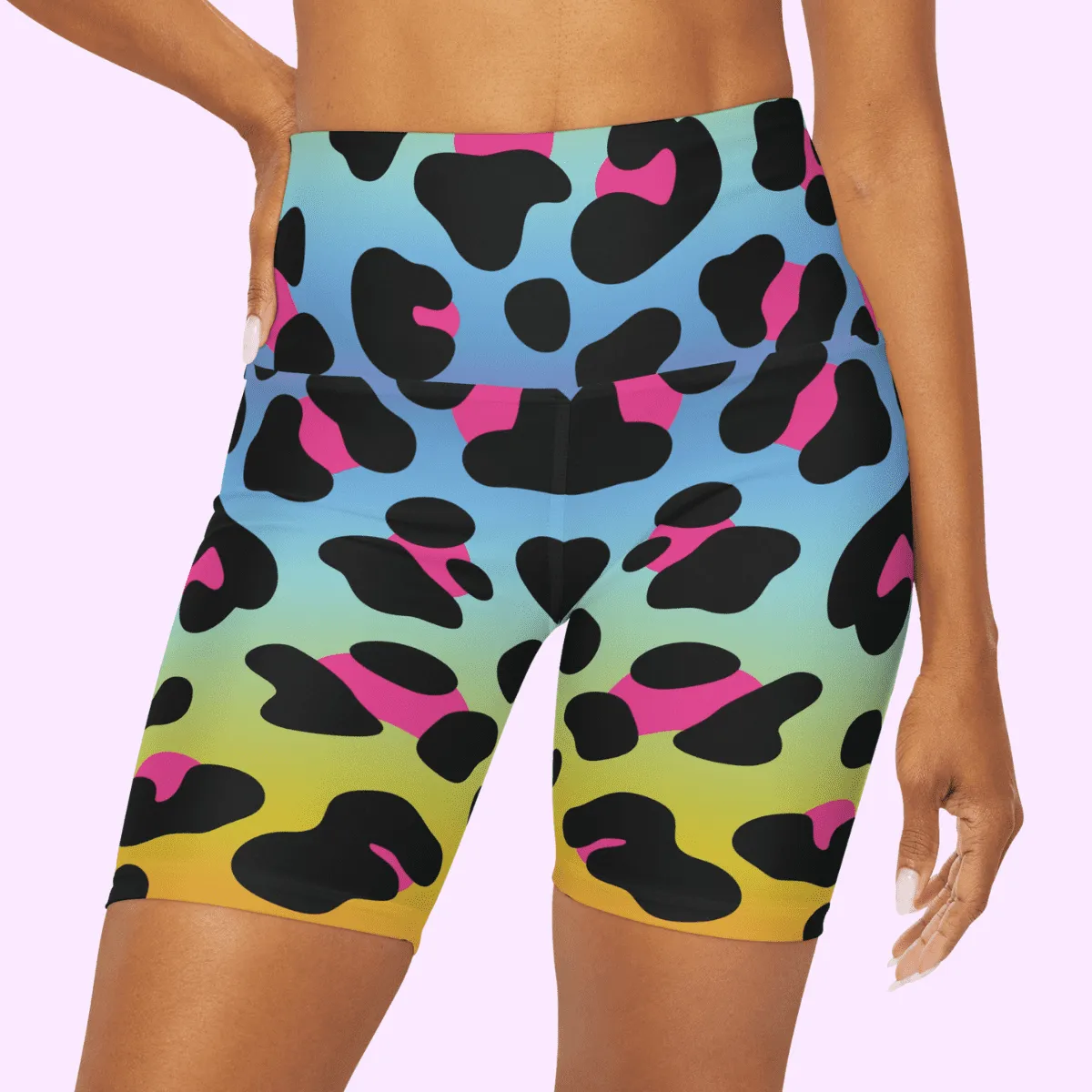 High Waisted Yoga Shorts Multicolored Leopard Skin