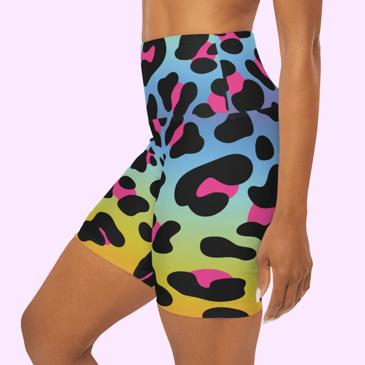 High Waisted Yoga Shorts Multicolored Leopard Skin