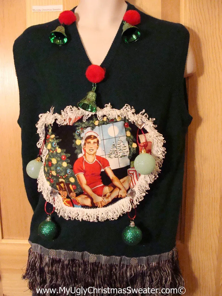 Hottie Guy Tacky Ugly Christmas Mens Sweater Vest Dangling Fringe & 3D Ornaments (b30)