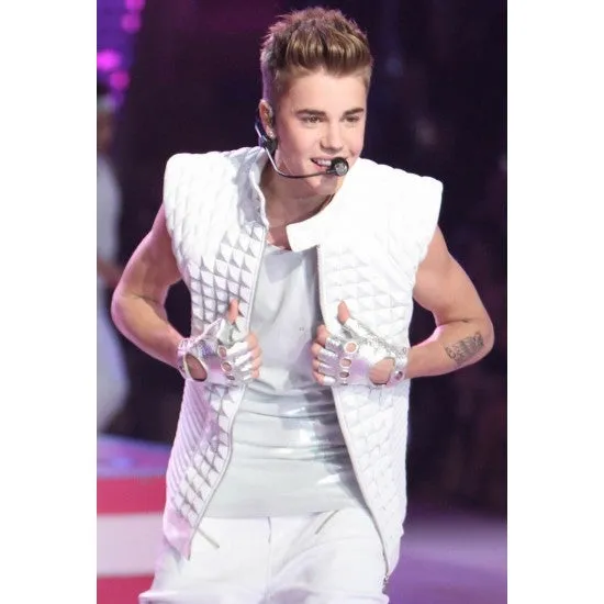 Justin Bieber Quilted Design White Leather Vest