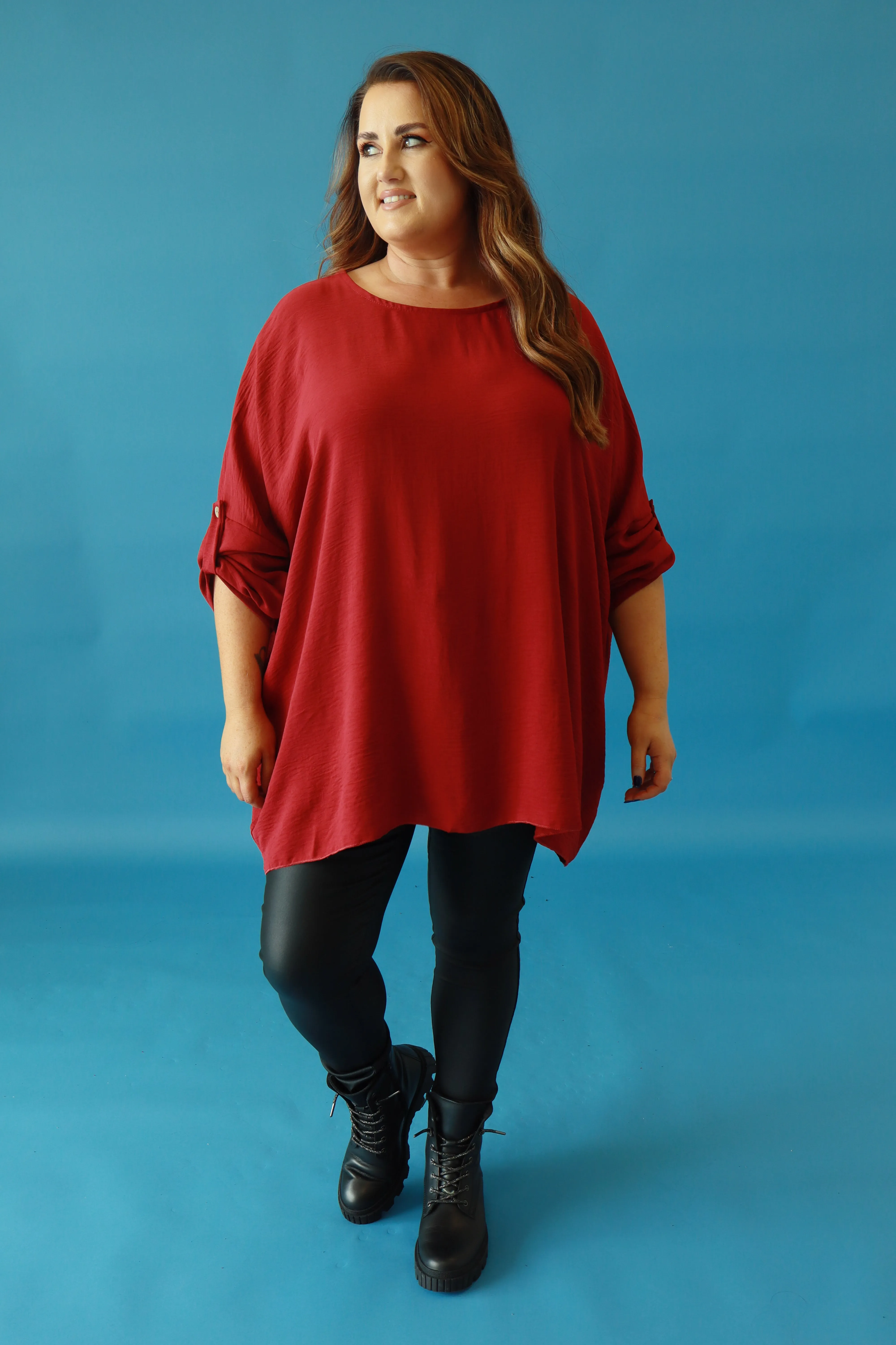 Kayla Blouse with Turn Up Sleeve in Wine