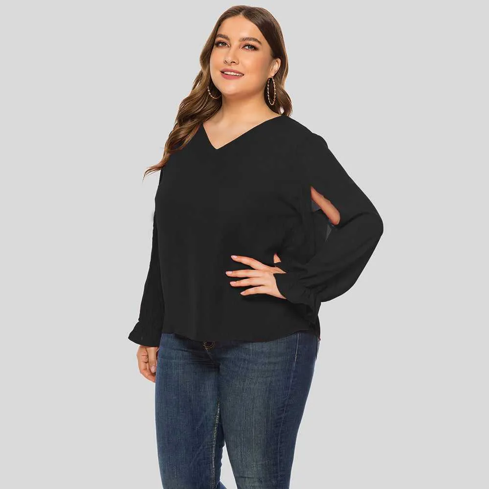 KittenAlarm - Plus Size Women Solid V-neck Puffy Sleeve Loose Long Sleeve Chiffon Blouse Shirt