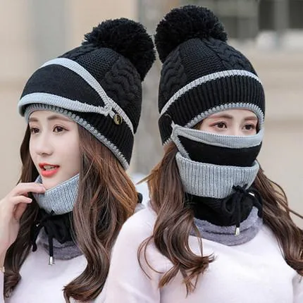 Knitted Hat  Ear Protection Cap Winter Warm Hat All-match Mask Bib Plus Velvet Cycling Wool Hat