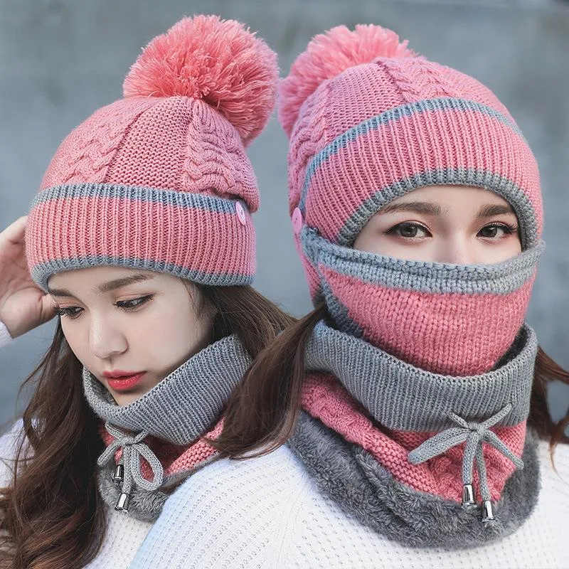 Knitted Hat  Ear Protection Cap Winter Warm Hat All-match Mask Bib Plus Velvet Cycling Wool Hat