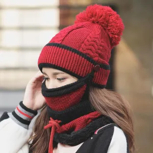 Knitted Hat  Ear Protection Cap Winter Warm Hat All-match Mask Bib Plus Velvet Cycling Wool Hat