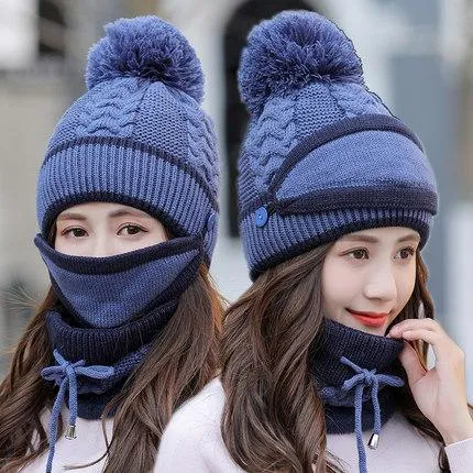 Knitted Hat  Ear Protection Cap Winter Warm Hat All-match Mask Bib Plus Velvet Cycling Wool Hat