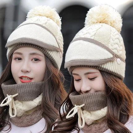 Knitted Hat  Ear Protection Cap Winter Warm Hat All-match Mask Bib Plus Velvet Cycling Wool Hat