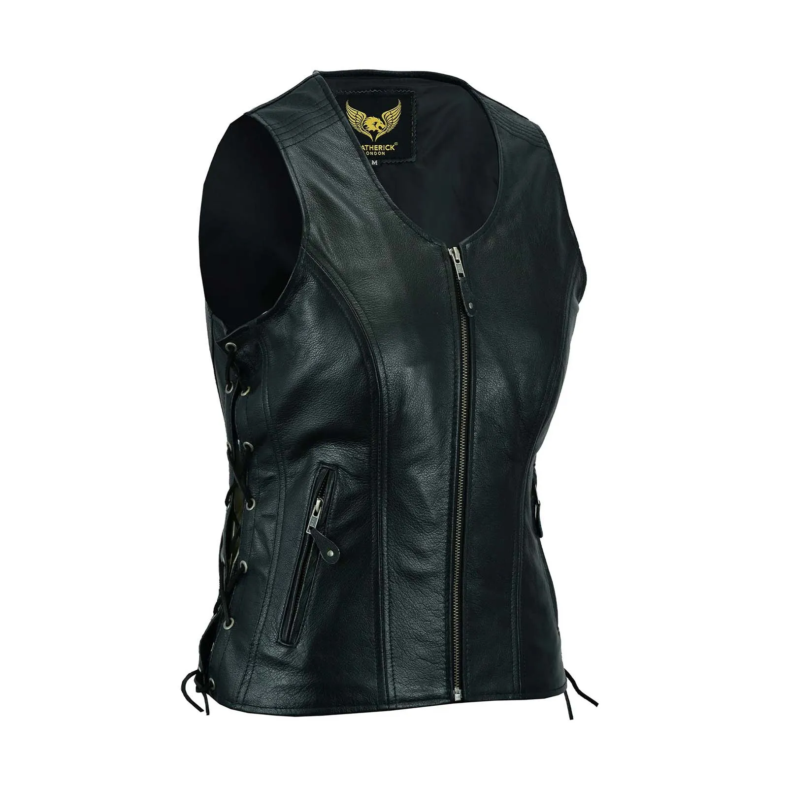 Ladies 7 line Black Biker Leather Side Lace Vest