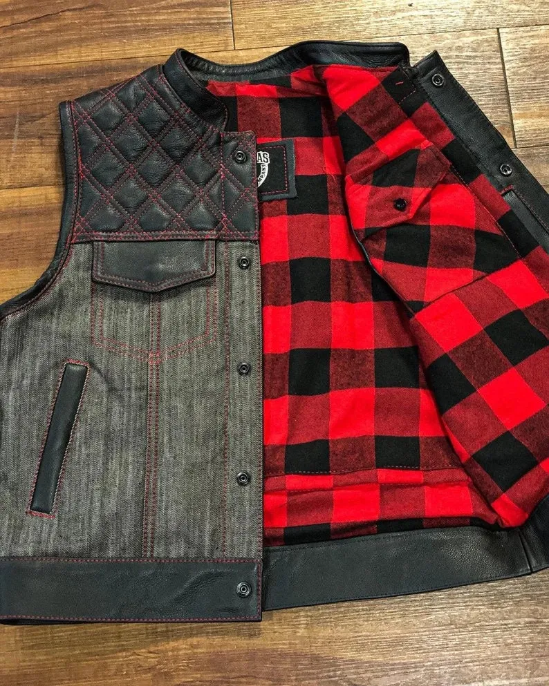 Leather Vest Diamond Quilted Flannel Black Leather Vest Classic Vest Denim Vest Leather Men Vest Biker vest Motorcycle Vest Men Waistcoat