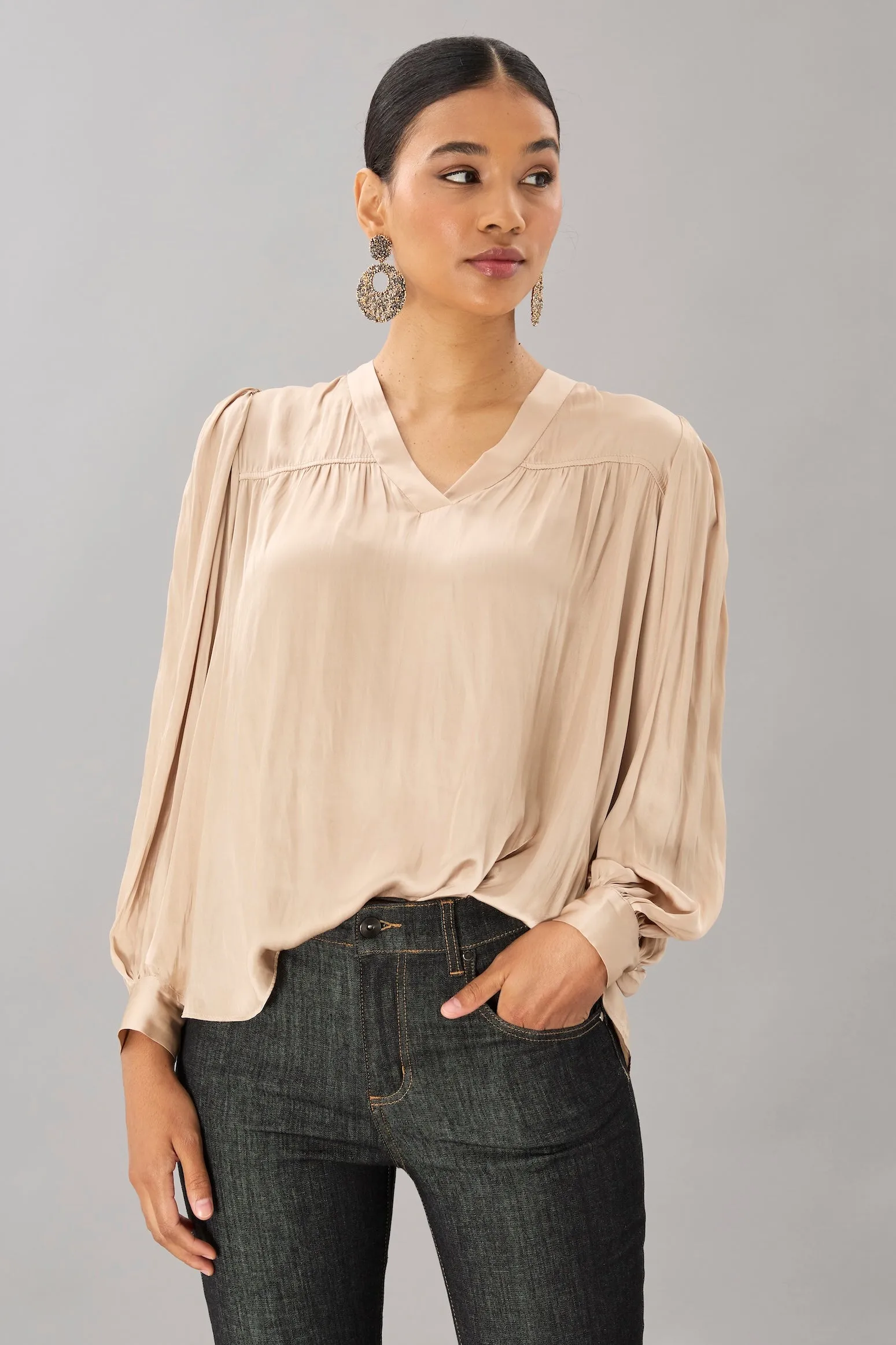 Lola & Sophie Vintage Satin V-Neck Blouse