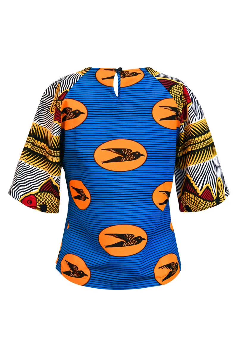 Medley Top - Orange/Blue Speed bird & White Fish print