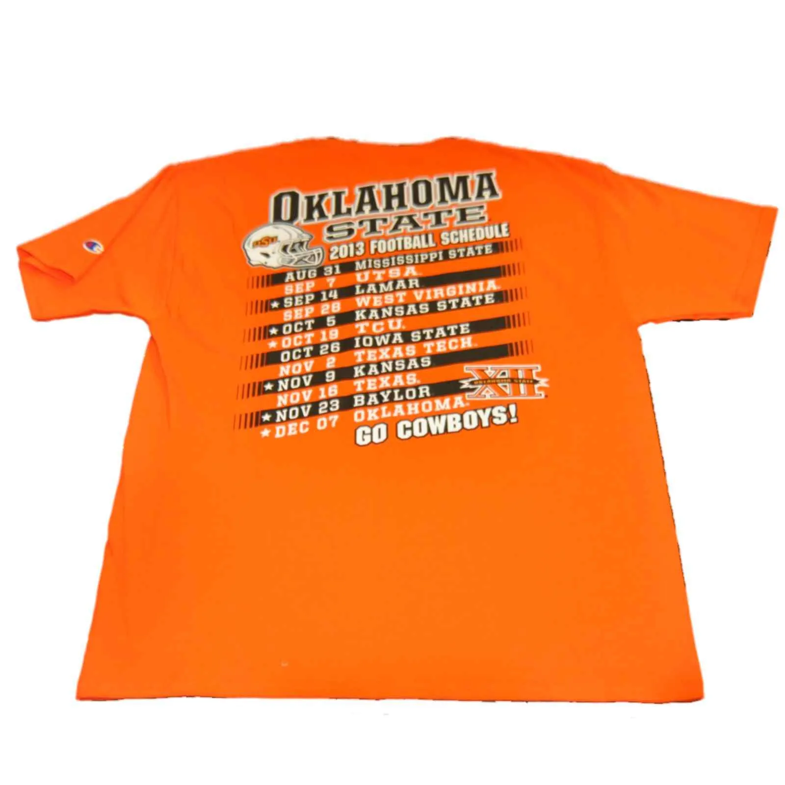 Oklahoma State Cowboys Champion Orange 2013 Football Schedule T-Shirt (L)