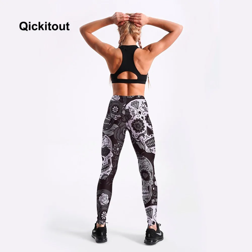 QICKITOUT  Women's Workout Fitness Active Wear Leggings in Sugar Skull Print