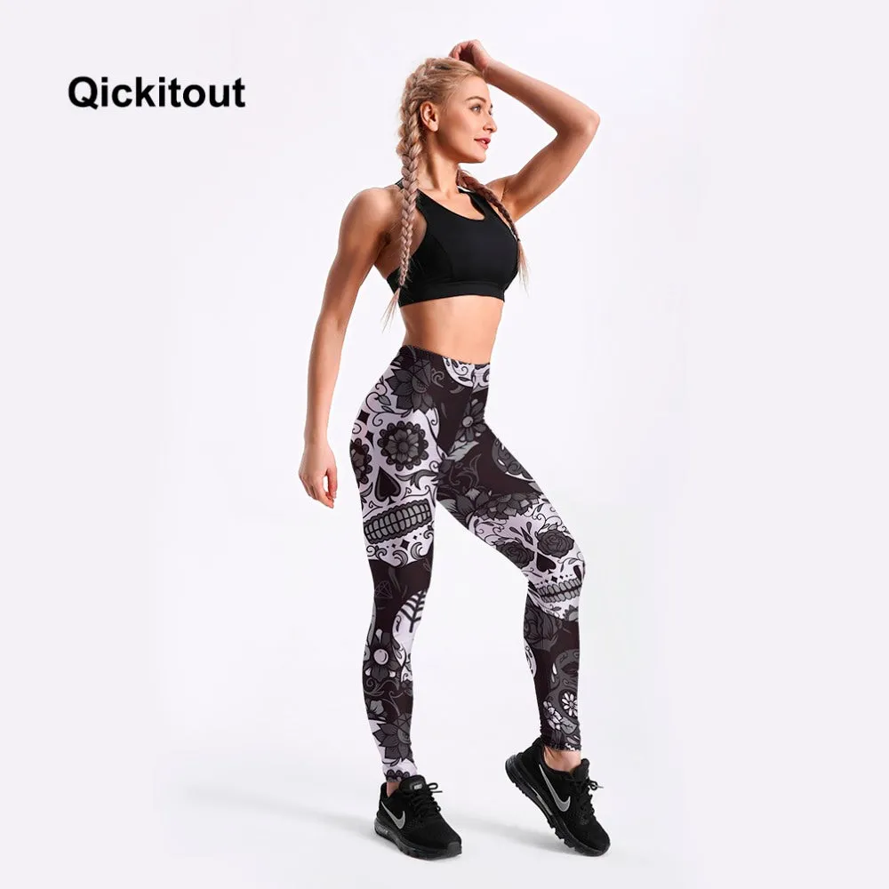 QICKITOUT  Women's Workout Fitness Active Wear Leggings in Sugar Skull Print