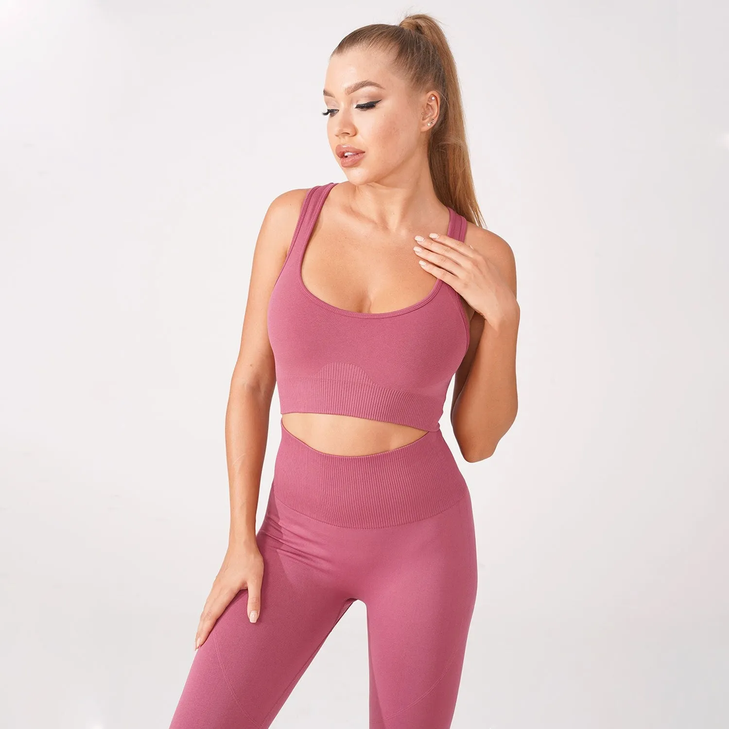 Seamless pure color Yoga Set Fitness Long Sleeve Crop Top Sexy Bra High Waist Leggings Women Workout Sportswear Lounge Clothing