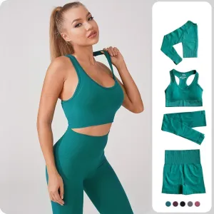 Seamless pure color Yoga Set Fitness Long Sleeve Crop Top Sexy Bra High Waist Leggings Women Workout Sportswear Lounge Clothing