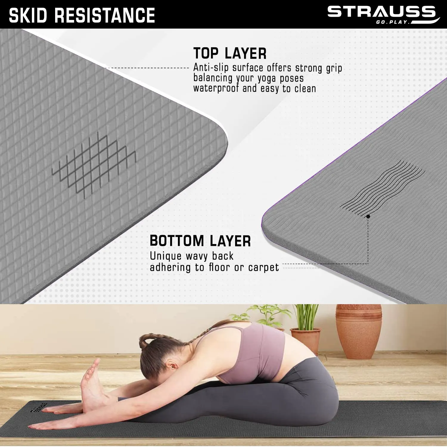 Strauss Anti Skid EVA Yoga Mat with Carry Strap, 6mm, (Grey)