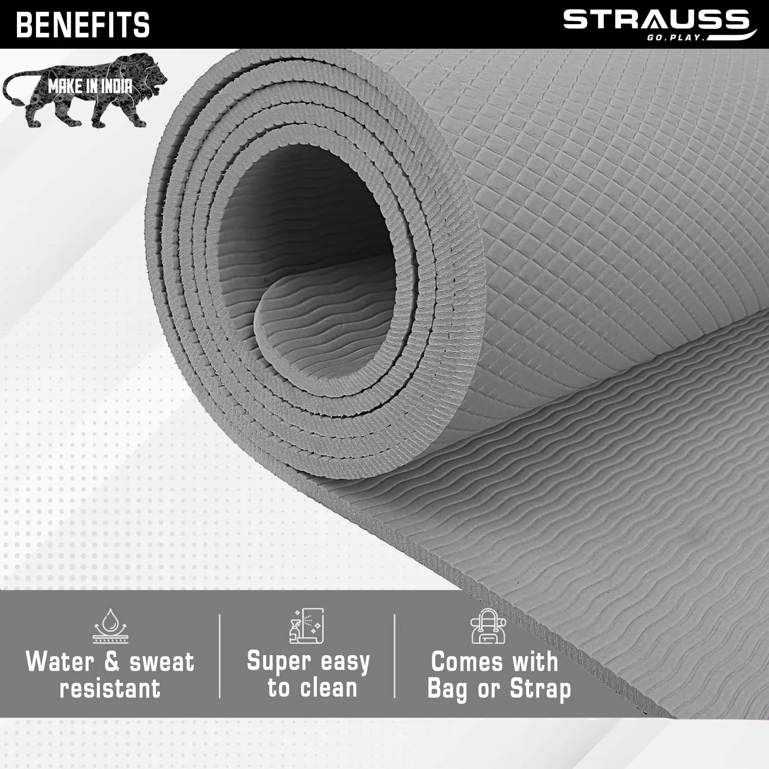 Strauss Anti Skid EVA Yoga Mat with Carry Strap, 6mm, (Grey)