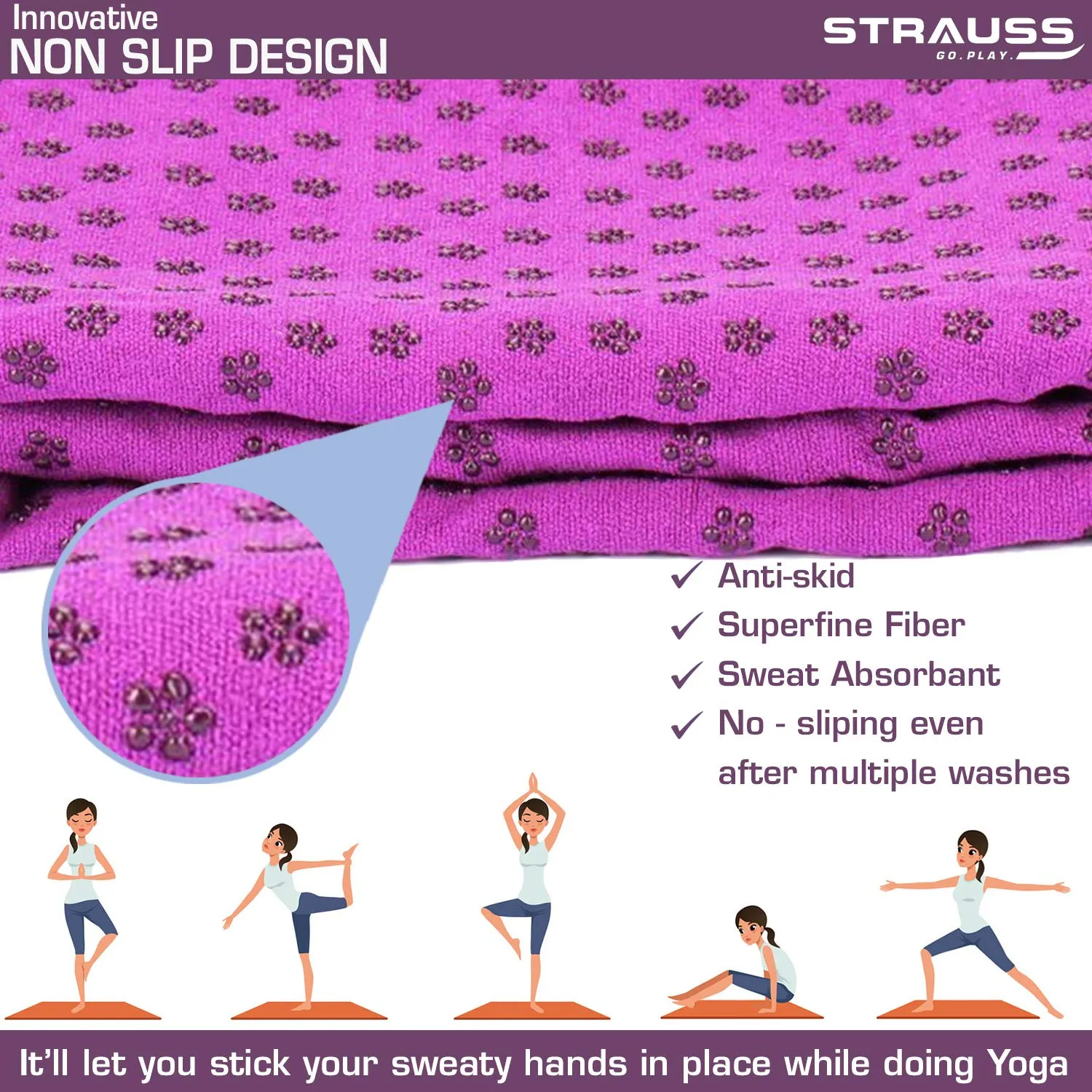 STRAUSS Anti-Slip Yoga Towel, (Purple)