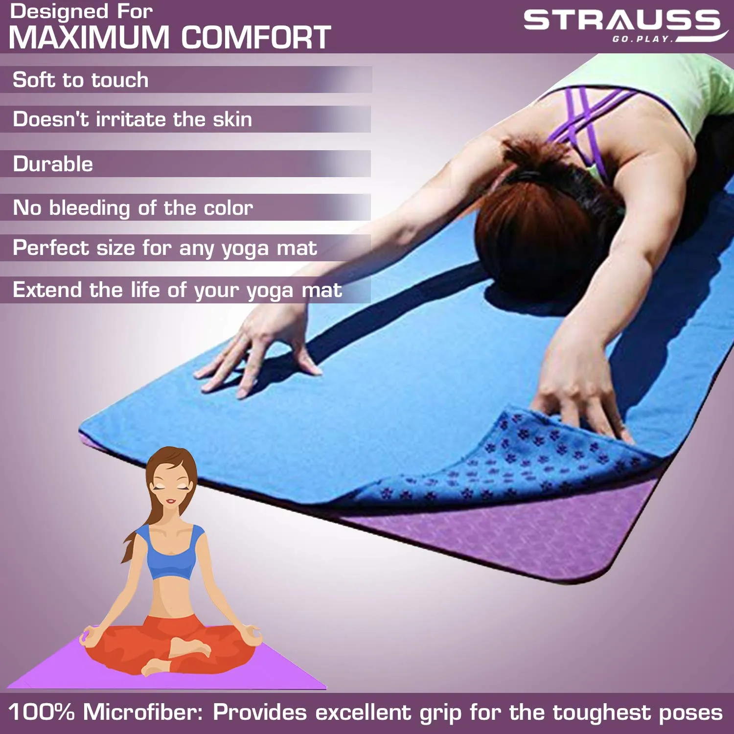 STRAUSS Anti-Slip Yoga Towel, (Purple)