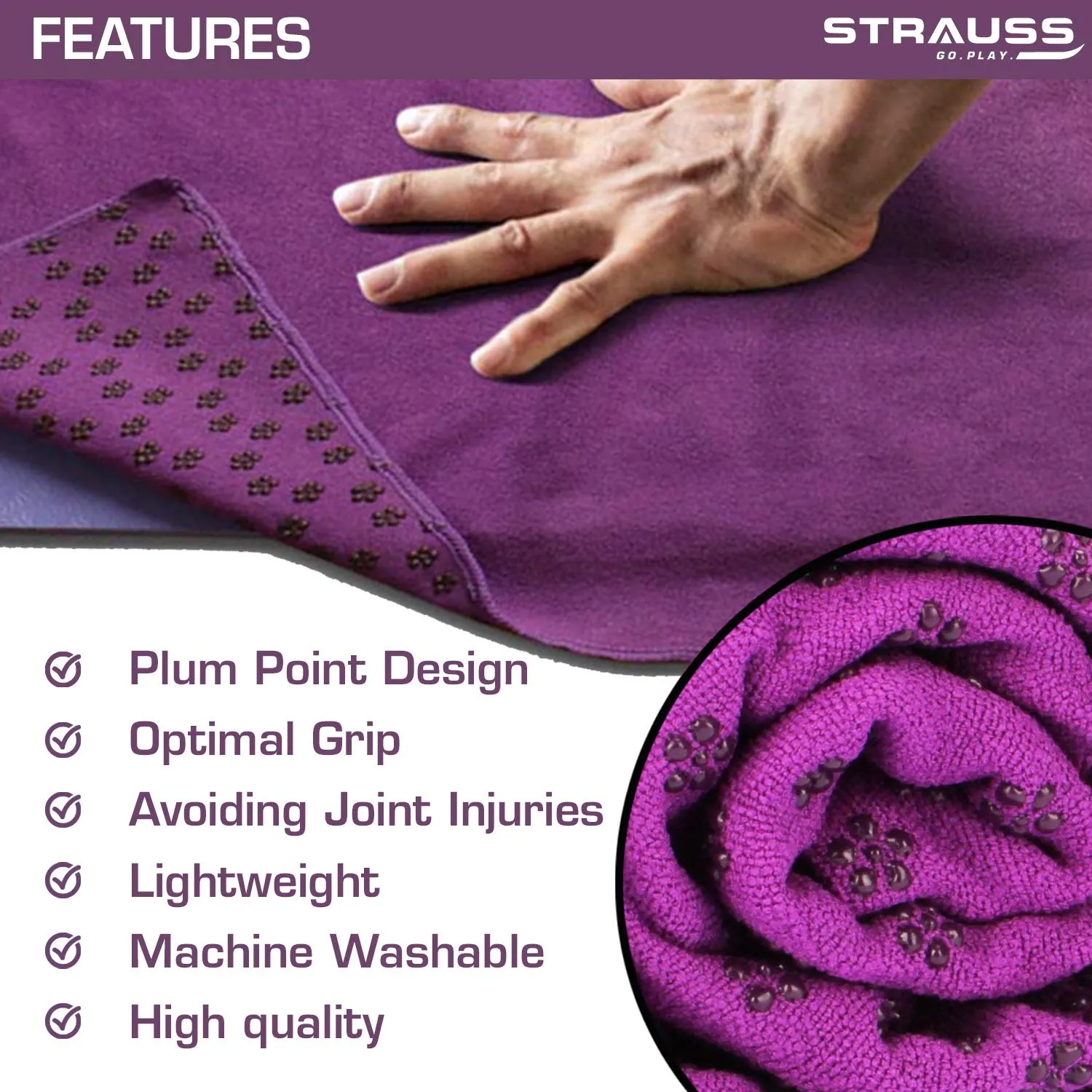 STRAUSS Anti-Slip Yoga Towel, (Purple)