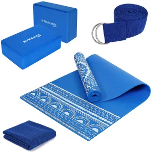 Strauss Meditation Designer Yoga Mat 5 mm (Navy Blue), Yoga Block (Navy Blue) Pair, Anti-Slip Yoga Towel (Blue) and Yoga Belt (Blue)