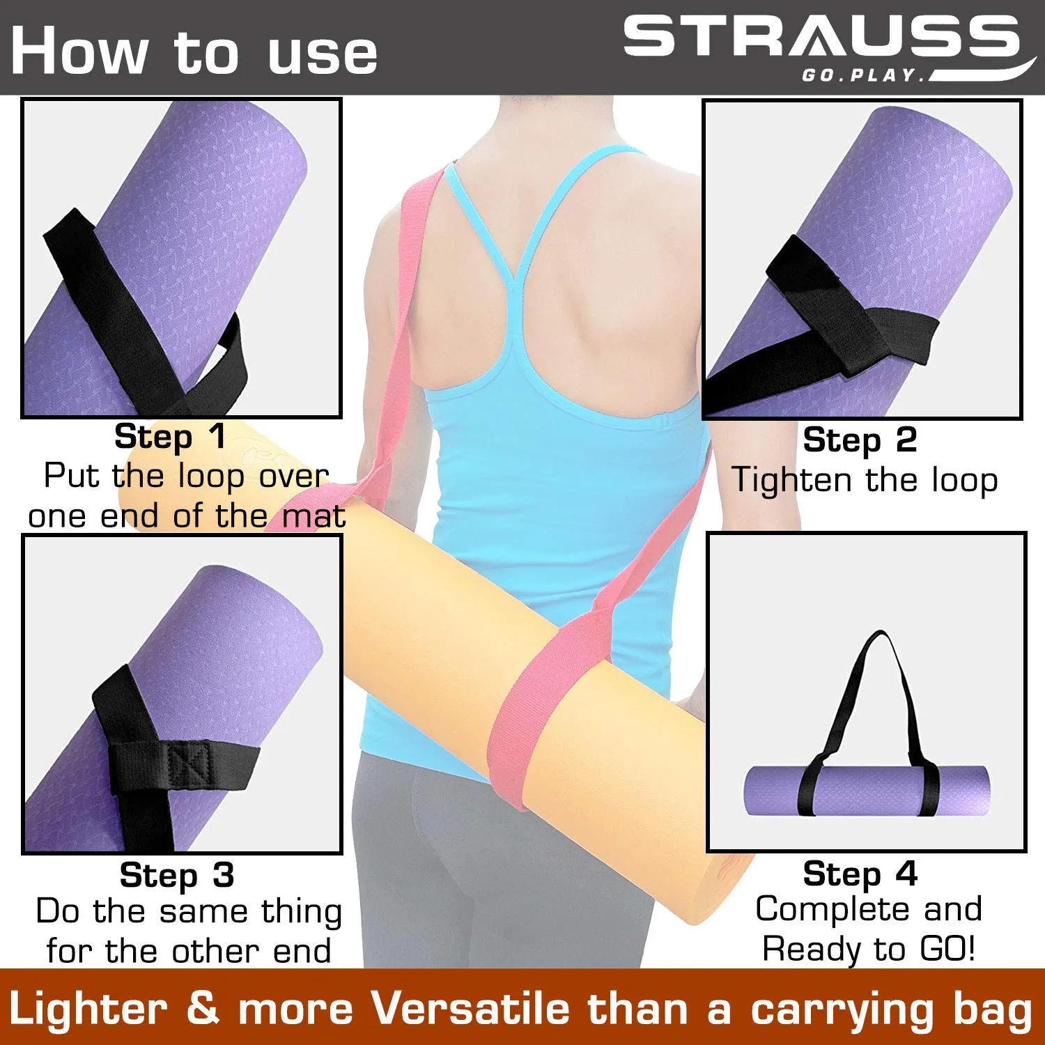 Strauss Yoga Mat 6mm (Blue), Yoga Block (Navy Blue) Pair, Anti-Slip Yoga Towel (Blue) and Yoga Belt (Blue)