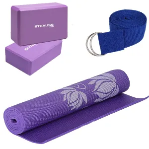 Strauss Yoga Mat 6mm (Floral), Yoga Block (Purple) Pair and Yoga Belt (Blue)