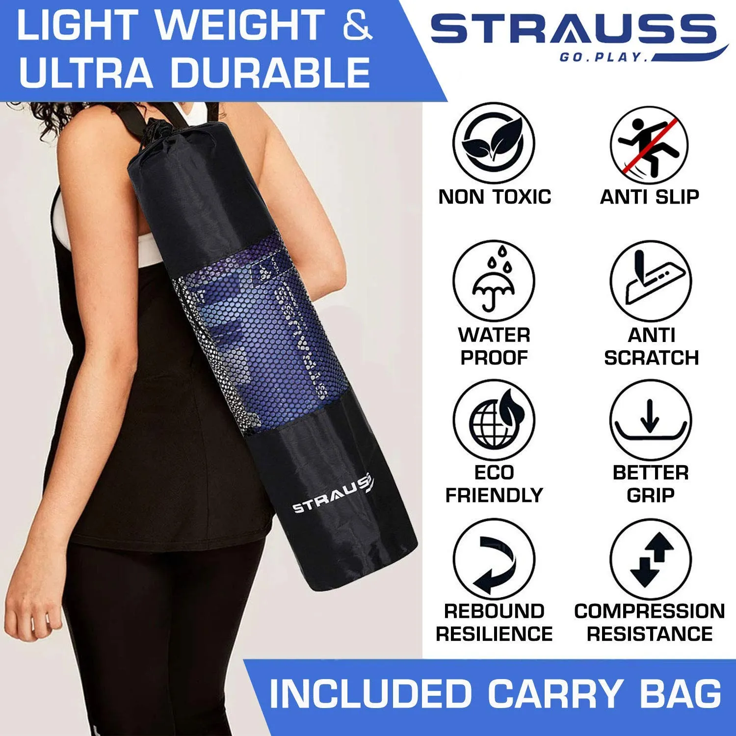 Strauss Yoga Mat (Blue) With Yoga Socks And Yoga Belt