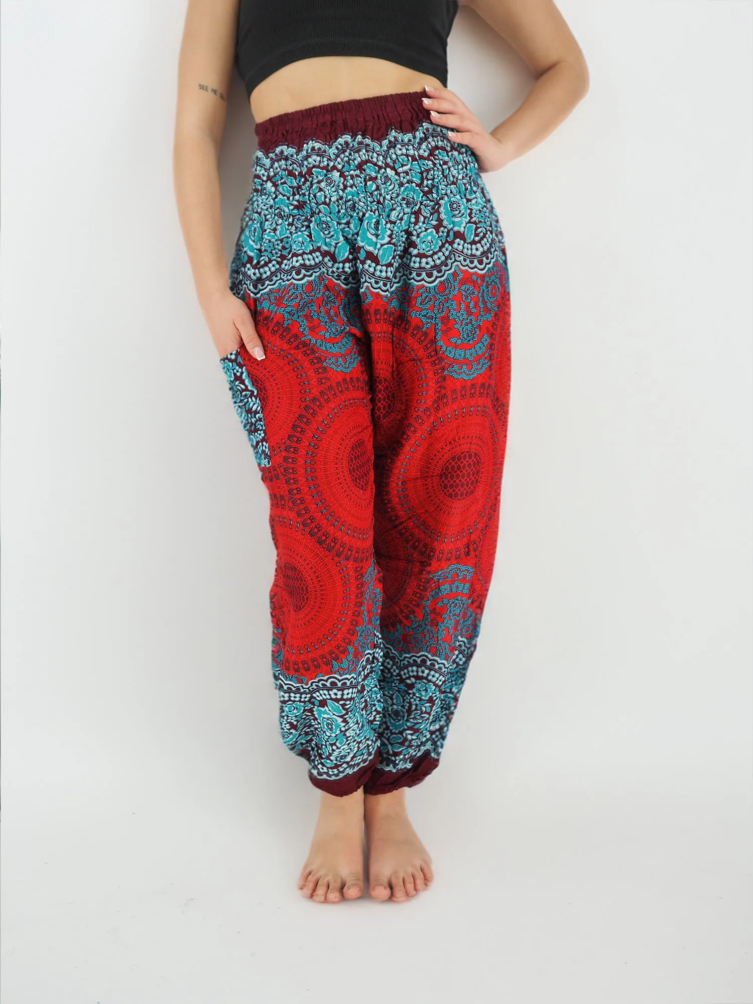 Unisex Harem Yoga Hippie Boho Pants in Dark Red With Blue Mandala Print M-L-XL