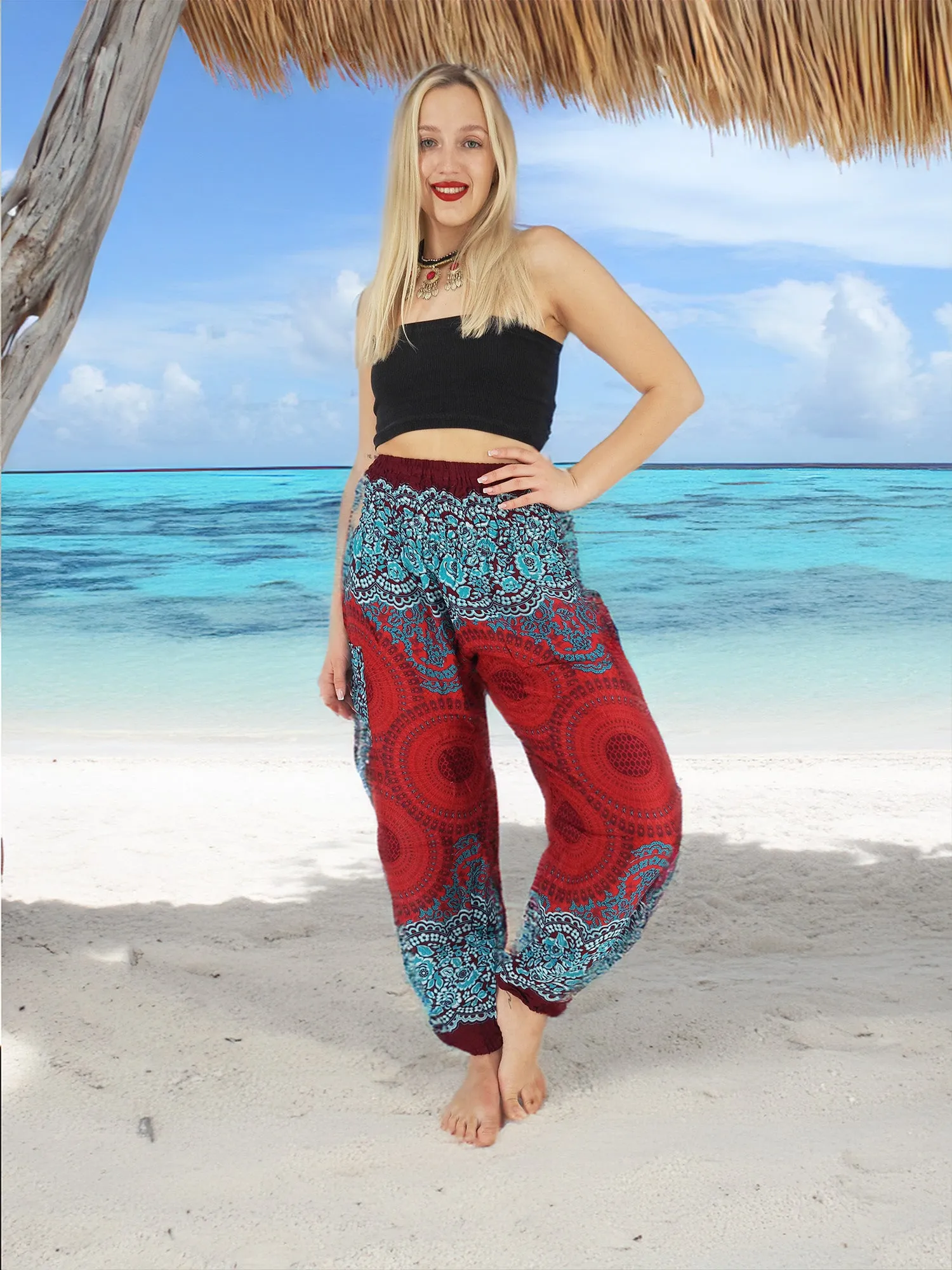 Unisex Harem Yoga Hippie Boho Pants in Dark Red With Blue Mandala Print M-L-XL